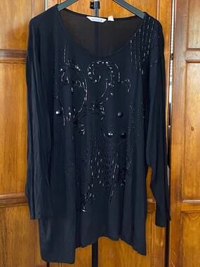OK Sam II Women's 3X Black Beaded Sequin Sheer Overlay Blouse Party Top